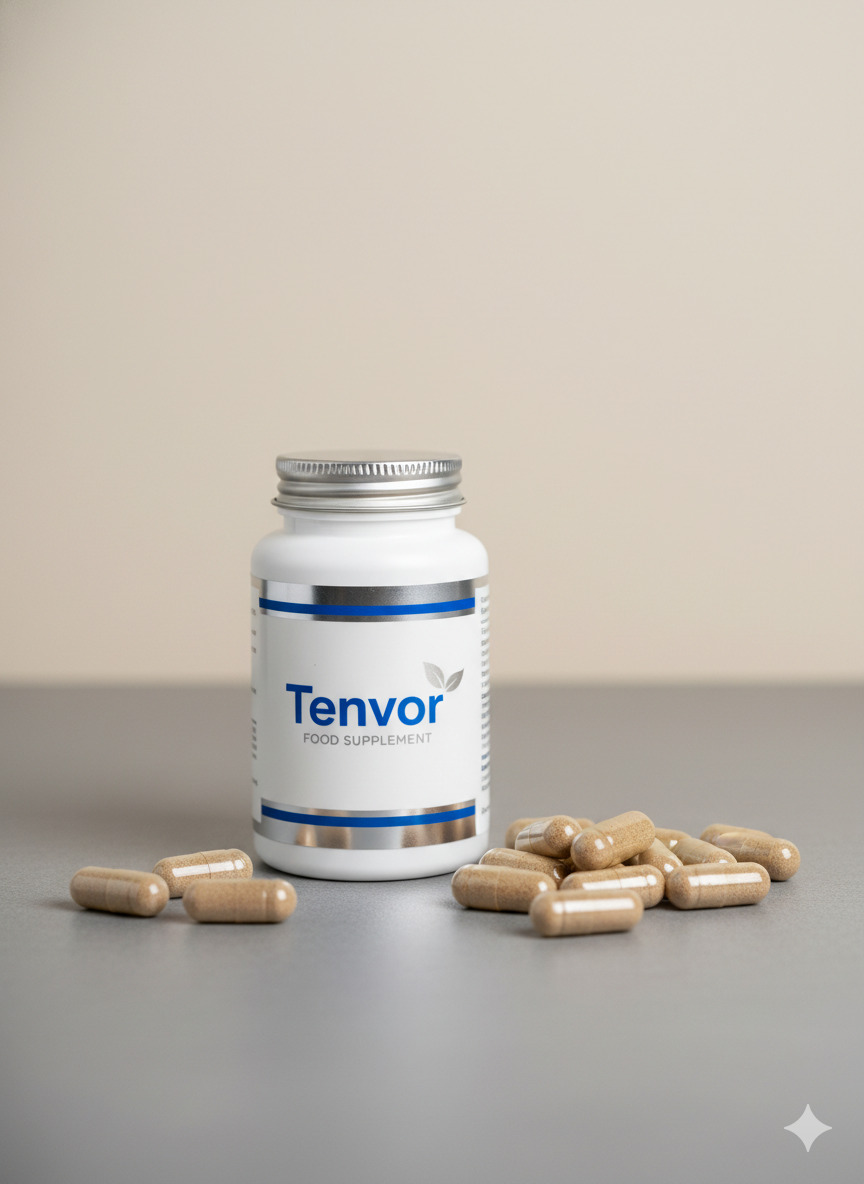 Tenvor food supplement bottle and capsules on a neutral surface